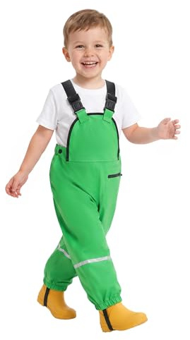 Volunboy Pantaloni Impermeabile Bambini 1-5 Anni, Leggeri, Regolabile, Pantaloni Fango, Salopette Antipioggia(Taglia 90,18-24 Mesi,Verde)