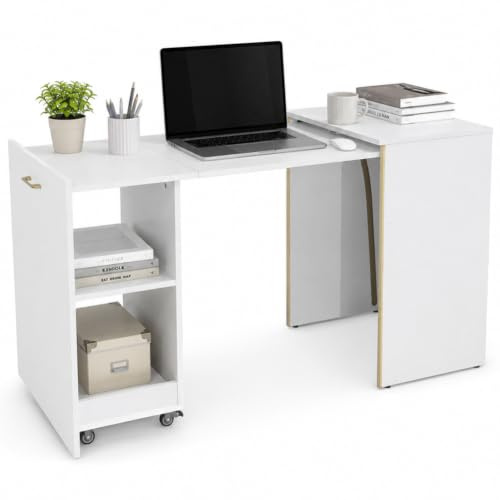 Shally Dogan Mobile con Tavolo a Scomparsa Richiudibile Multiuso, Scrivania con Libreria Design Salvaspazio e Versatile, Mobiletto Armadio da Casa, Ufficio, Chiusura Magnetica, Bianco