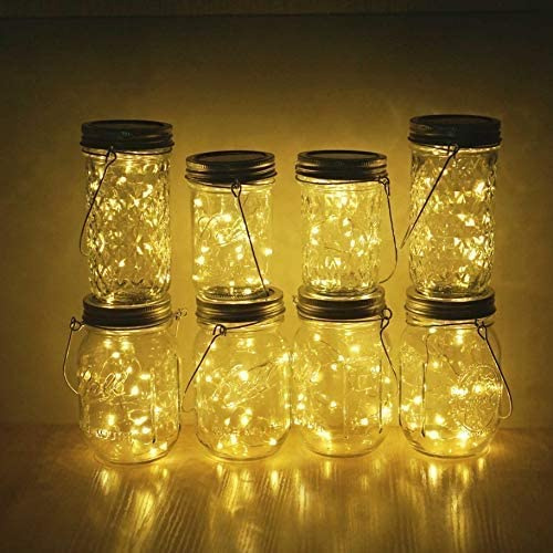 Cynzia 8 Pack 20 LED Waterproof Mason Jar Lights, Warm White, Solar Powered, Indoor/Outdoor, Stars Theme, Wedding Occasion