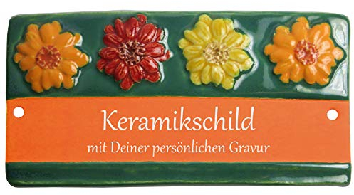 Handarbeit aus Schleswig-Holstein Keramikschild 16,5 x 8,5 cm Vier Blüten mit grünem Rand (Terracotta)