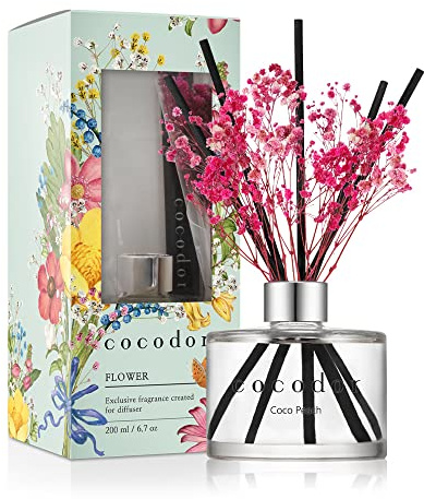 [COCODOR/Coco Peach] Flower Reed diffusers Oil with a Set of 5 Fiber Sticks, 200ml, Best for Home, Kitchen, Bathroom. Diffusers with sticks