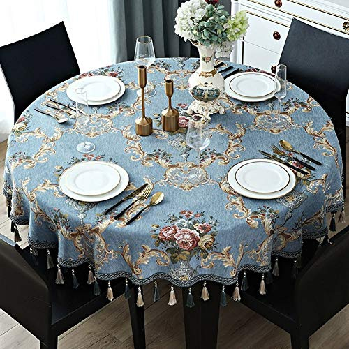 Lsimeru Tischdecke Rund Garten 140cm Blau Vintage Blumen Muster Tischtuch Gartentischdecke Draussen Aussenbereich Tischwäsche Fleckschutz Tafeldecke Tischdekoration