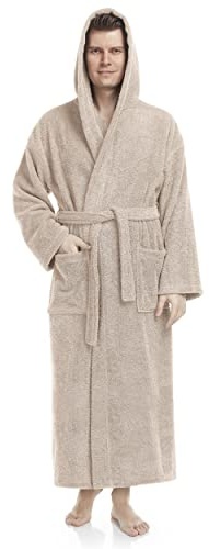 Peignoir de bain pour hommes avec capuchon, longueur mollet, Beige, L-XL