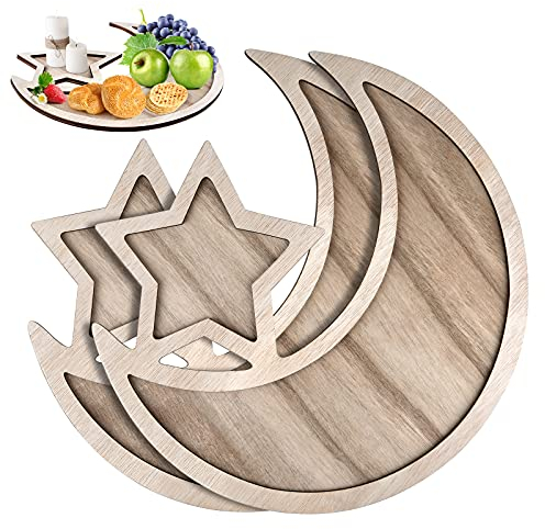 PLULON 2Pcs Ramadan Dessert Trays Eid Mubarak Wooden Moon Star Plates Ramadan Kareem Serving Trays Home Dessert Pastry Display Holder Tray Plates for Islam Muslim Party Decorations