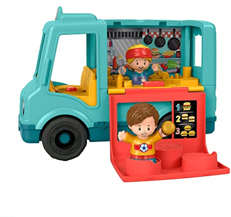Fisher-Price GYF59 - Little People Burger Truck – deutsche Version, Musikspielzeug zum Anschieben mit Figuren, Spielzeug für Kleinkinder und Vorschulkinder von 1 bis 5 Jahren