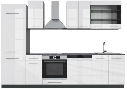Vicco Küchenzeile Fame-Line, Weiß Hochglanz/Anthrazit, 300 cm | 8 Module · Höhenverstellbare Füße · Ohne Arbeitsplatte · MDF-Fronten · Softclose · Metallgriffe