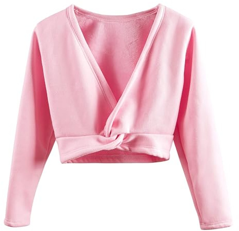 Maillot cruzado de ballet para niñas, manga larga, suéter de gimnasia, cárdigan de gimnasia, interior de terciopelo, rosa, 4-5 años