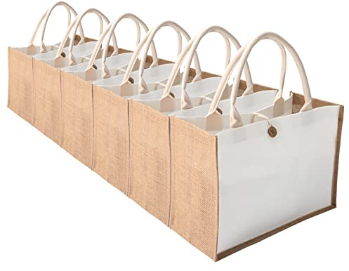 Jute tote bags with handles MEIANJUN Set of 6 Burlap Tote Bags Button Travel with Handle Grocery Bag Bridesmaid Bags Tote Bag for Beach wedding Shopping travel Arts and Crafts DIY 14.5*10.7*6.5[6pcs]
