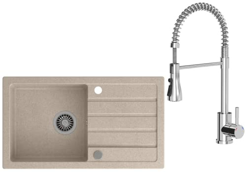 VBChome Spülbecken mit Armatur 77 x 44 cm Beige Spüle Einzelbecken Küche Einbauspüle Verbundspüle Küchenspüle gesprenkelt flächenbündig Siphon Waschbecken Armature Schwenkauslauf, Federauslauf