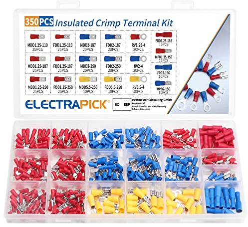 ELECTRAPICK 350tlg Kabelschuhe Set, Steckverbinder, Quetschverbinder Sortiment, Stoßverbinder, Flachstecker, Ringschuhe für 0,50-6,00 mm² elektrischen Draht, 19 Typen