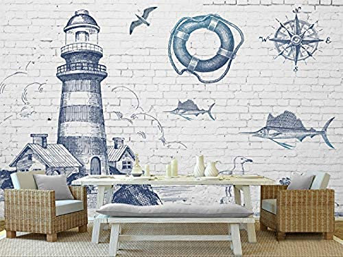 Papel Pintado 3D Faro Azul De Pared De Ladrillo Blanco Fotomural 3D Papel Tapiz Moderno Papel Pintado Pared Dormitorio