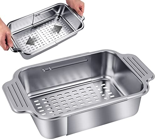 Linkidea Ausziehbares Sieb, über der Spüle, 304 Edelstahl-Siebkorb, zum Waschen von Gemüse und Obst, zum Abtropfen von gekochten Nudeln und zum Trocknen von Gerichten