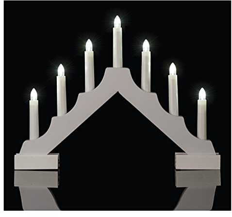 EMOS Candelabro LED de Madera, Color Blanco, clásico con 7 Luces LED, Funciona con Pilas, 2 Pilas AA, Interior IP20, función de Temporizador de 6/18h, 35 x 29 cm
