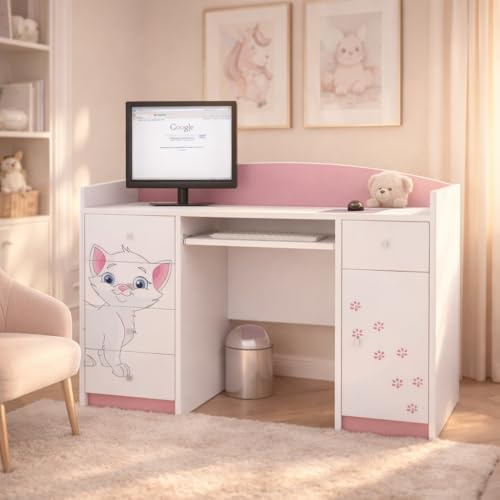 Happy Babies - Scrivania per bambini 125x89x60 cm, tavolo per PC per cameretta con ripiano portatastiera, tavolo da computer decorativo bianco con motivo gatti e rosa