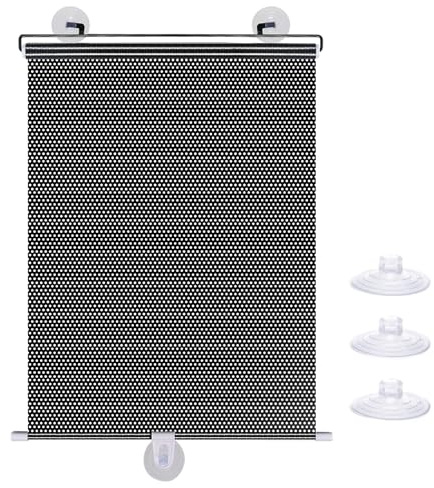 No Drilling Retractable Roller Window Shades W/3 Suction Cups, Black Blackout Blind Shade Temporary Cover Curtain for Home Bedroom Car (23.62 L×15.75 W, Black dot)