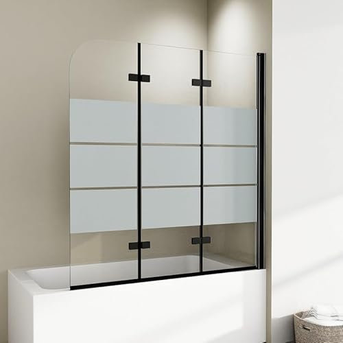 Duschtrennwand für Badewanne 120x140cm Glas Duschwand 3-teilig, Gestreift 180° Faltbar Duschabtrennung Badewannenaufsatz Badewannenfaltwand aus 6mm Sicherheitsglas - Schwarz