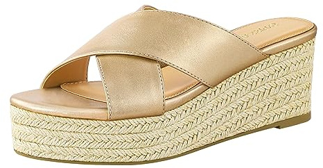 PIZZ ANNU Sandales Femme Été Espadrille Compensées Mules Talon Plateforme Chaussures de Bout Ouvert Bande Croisée Claquette Plage Vacances Champagne EU 42