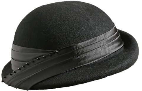 Elegante Damenhüte mit Schleife, für Hochzeit, Party, Warped Edge, Winter, Vintage, Schlapphut, Wollfilz, Fedoras, Schwarz 1, Medium