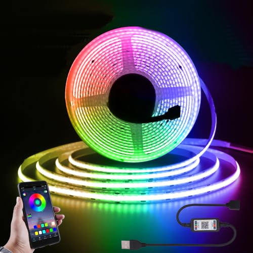 KISUFU 5V Tira de LED COB USB RGB 576 LEDs/M tira de luz con APP Bluetooth controlador, Cinta flexible multicolor con modo de música para iluminación del hogar DIY.