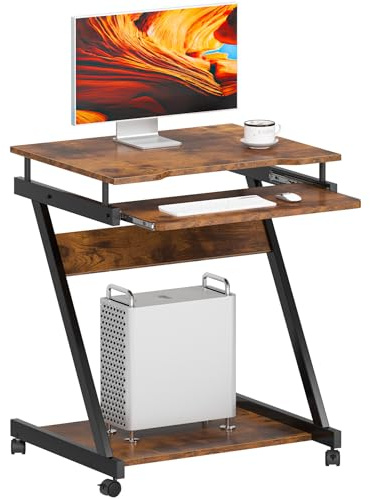 sogesfurniture mobiler Computertisch Schreibtisch in Z-Form, platzsparender PC Laptop Tisch Bürotisch mit 4 Rollen, leichtgängiger Tastaturauszug, Vintagebraun