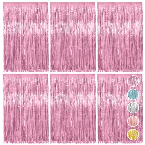 Vaktop 6 Stück Lametta Vorhang Rosa, Glitzervorhang Lametta, 1m x 2m | Glitzer Party Vorhang, Folien Fransen Hintergrund fur Party Deko Geburtstagsdeko Hochzeit Festivals Bühnendekor
