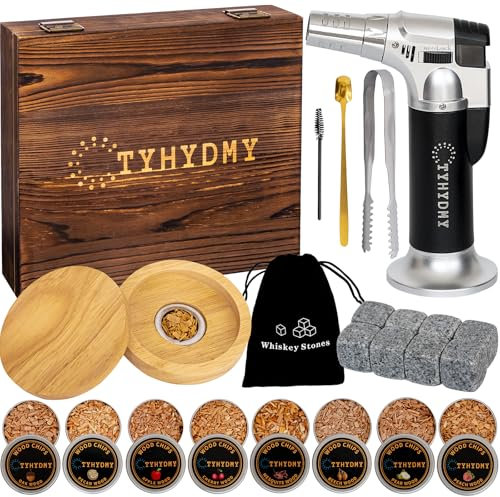 Kit fumoir à cocktail avec torche – 8 saveurs en copeaux de bois – Kit fumoir à cocktail à l'ancienne 、 Cadeaux bourbon pour homme (sans butane)
