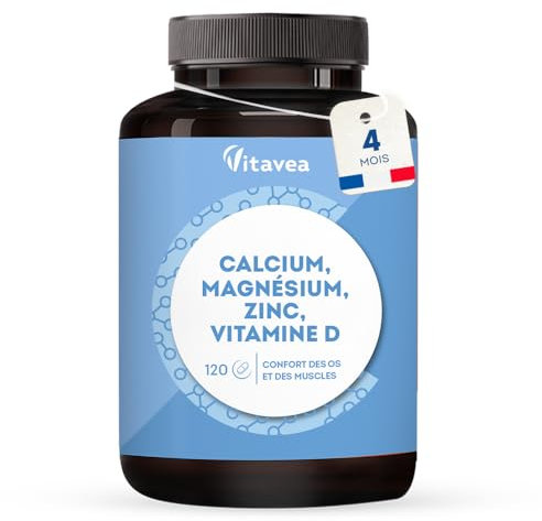 Calcium, Magnésium, Zinc, Vitamine D3 - Confort Os et Muscles - Complexe santé osseuse, énergie et immunité - 120 Comprimés - Avec Cuivre, Manganèse, Sélénium - Fabriqué en France - Vitavea