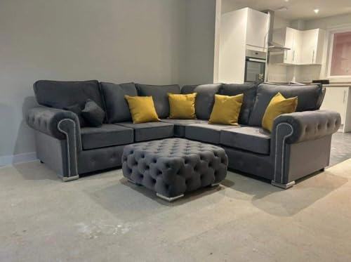 Hugo 2C2 Corner Sofa – Plush Velvet Grey Sofa Suite – High Back Upholstered Living Room Sofa – Modern Symmetrical Corner Couch