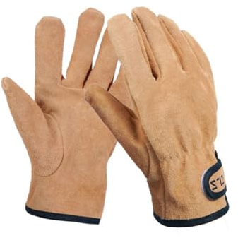 Rockreyoa Leder Grillhandschuhe Feuerfeste Handschuhe Ofenhandschuhe Hochwertige Leder Hitzebeständige Wiederverwendbare für Grillen Kochen Backen Draussen Braunes Kuhfell