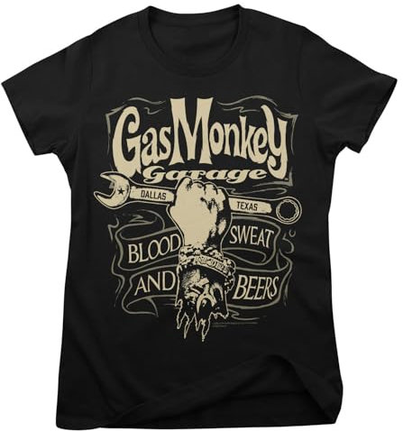 Gas Monkey Garage Offizielles Lizenzprodukt Wrench Label Frauen T-Shirt (Schwarz), X-Large