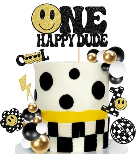 23 Stück One Happy Dude 1st Geburtstag Tortendeko Glitzer Smiley Ausschneiden Mini Kugel Cupcake Toppers One Happy Dude Kuchen Deko für Ersten Geburtstag Party Torte Dekorationen