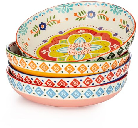 Signature Housewares Marrakesh 36 OZ Shallow Dinner Bowls/Deep Plates Perfect for Spaghetti and Salads - Set of 4 - Large Ceramic Bowls - Colorful Handpainted Pasta Bowls
