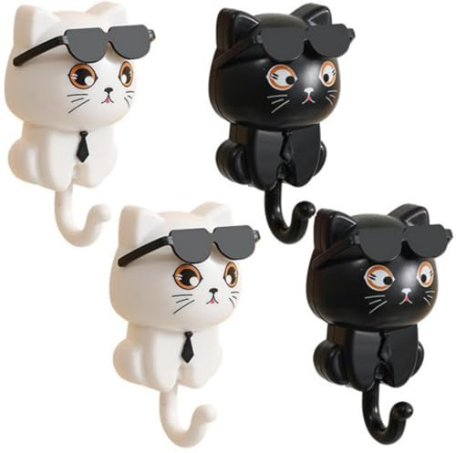 Generisch 4er-Pack Schlüsselbrett Katze, Süßer Schlüsselhalter, Süße Wandhaken, Schlüsselhalter-Wandhalterung Süß, Süße Katzen-Wanddekoration, Selbstklebende Kleiderhaken, Schlüsselhalter