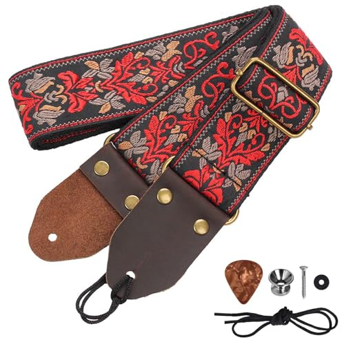 Lunaanda Correa de Guitarra, Correas de Guitarra 2, Correas de Guitarra de Algodón Bordado Jacquard con Extremos de Cuero Crazy Horse para Bajo, Eléctrico y Acústico (Flor roja retro)