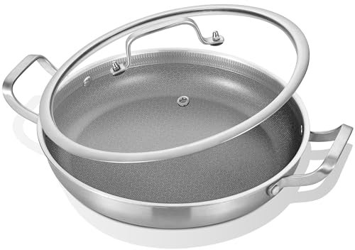 Inqibee New Hybrid Tri-Ply Stainless Steel Non Stick Paella Pan with Lid,Omelet Pan,Large Skillet,Induction Cooking Pan, Oven Safe. (32 CM with Lid)