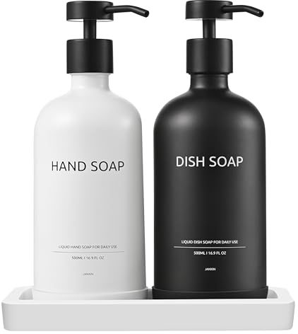 Janxin Tvåldispenser i glas, 500 ml glasdispenser, gel- och schampodispenser, med keramikplatta, lämplig för duschgel, schampo (vit, svart flaska + svart skumkrage)