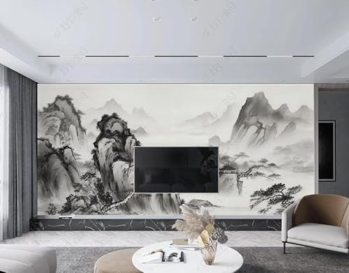 Papier Peint Intissé Paysage À L'Encre De Chine Poster Tableaux Muraux Tapisserie Photo Trompe L'Oeil Salon Chambre Art Mural 400Cm(L) X280Cm(H)