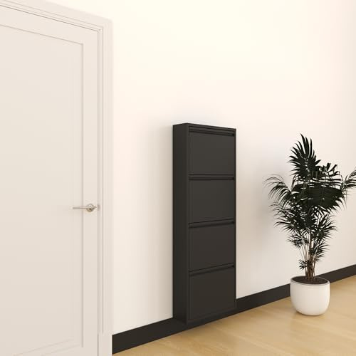furni24 Schuhschrank Schmal – Platzsparender Metall-Schuhschrank mit Magnetklappen, Platz für 8-12 Paar Schuhe, Wandmontierbar und Vormontiert - 4 Klappen, Schwarz