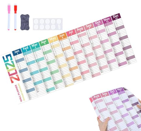 Wandkalender 2025, Trocken Abwischbar Jahresplaner, Querformat Laminierter Gefaltet Wandplaner, Monatsplaner Familienkalender Plakatkalender mit Stift und Löschtafel für Büro, Zuhause