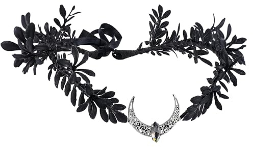 MOSTORY Schwarze Elfenkrone Stirnband für Frauen, Gothic Blumenkrone Kopfschmuck für Renfaire Party Fotoshootings, Mond Elf Tiara für Halloween Cosplay
