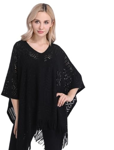 YZDKR Maglione Casual da Donna con Scialle, Poncho, in Cotone Lavorato a Maglia, con Nappa Cava, Taglie Forti, da Donna, Oversize, Copricostume per Le Donne(Black)