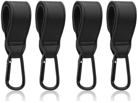4 Stück Kinderwagen Haken Clips,Buggy-Clips Träger Kinderwagen Haken,Kinderwagen Taschenhalter aus Leder,bag hooks for stroller,kinderwagen clips,Kinderwagen haken für taschen,rucksack (Schwarz)