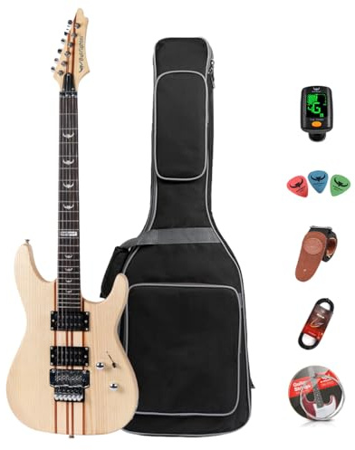 Bullfighter 39 Inch Electric guitar 4/4 Full Size, H-H Pickup, Elm Thru Body Neck for Beginners Starter Music Lover with 8 Accessories Guitar Bag, Strap, Picks, Tuner, Strings and Cable. D300 (Wood)