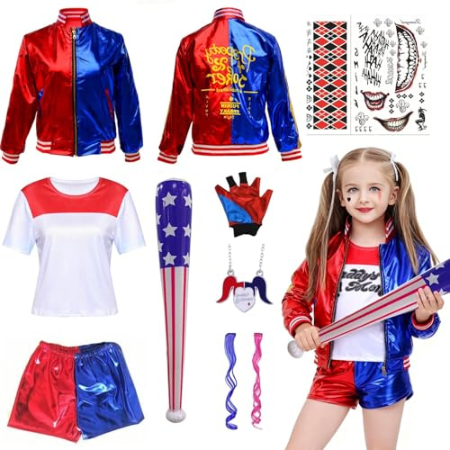 YUERTMIO Quinn Costumi Ragazze, Quinn Costume Cosplay Bambina, Halloween Ragazze Clown Outfits con Giacca, T-shirt, Shorts, Guanti Parrucca Collana Tattoo Sticker per Carnevale Halloween