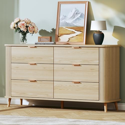 LIMGLIM Fluted 6 Drawers Dresser for Bedroom, Mid Century Modern Chests of Drawers, Curved Profile Design, Wide Wood Storage Dresser for Entryway, Hallway, Oak