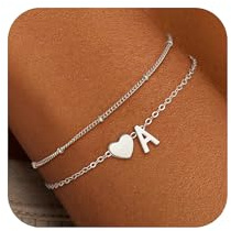 SLOONG Armband Damen Silber, Silber Herz Armband mit Buchstaben Personalisiert Geschichtet Armbänder Verstellbares Monogramm Armkette Damen Silberschmuck Mädchen Geschenke für 4 5 6 7 8 9 10 11 Jahre