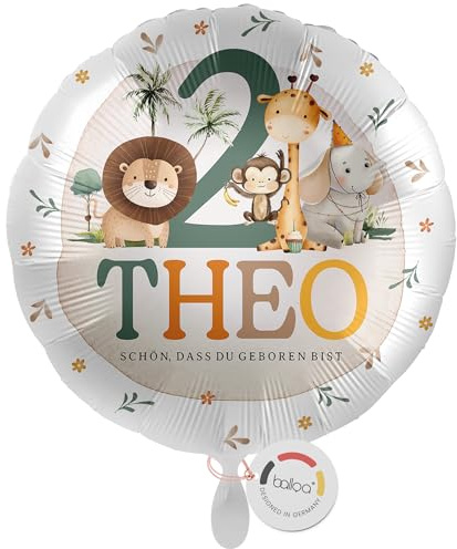 balloa Personalisierter Folienballon mit Namen, Geschenk zum 2. Geburtstag, Safari Tiere Namensballon mit Wunschtext, Helium geeignet Luftballon, Partydeko Kindergeburtstag Junge Mädchen, 33cm