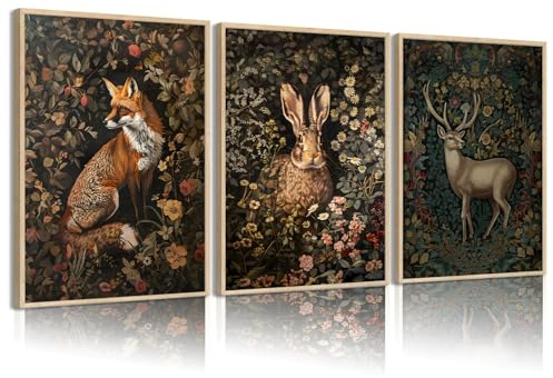 3Pcs Vintage William morris wall art Forest Animal Canvas Posters Prints,Fox rabbit deer Pictures Paintings Gothic Botanical Floral Oil Wall Decor for Living Room Bedroom Home Unframed 12x16 inch