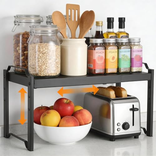 Fentar Ripiano Organizzatore per Cucina, Scaffale Espandibile 32-53cm per Pensili, Ripiani Resistente per Top Cucina, Scaffalatura Regolabile in Nero con 3 Altezze, Organizzatore per Desktop e Mobili