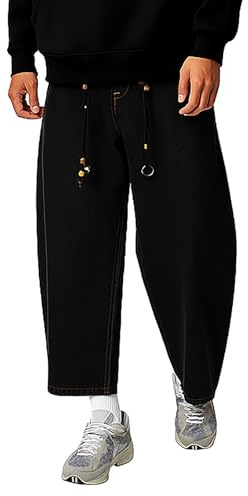 Vhersily Pantalones vaqueros de hombre con corte de globo con detalles de cuerda anchos, pantalones de zanahoria de denim oscuro, pantalones casuales de calle con cintura alta, para correr para